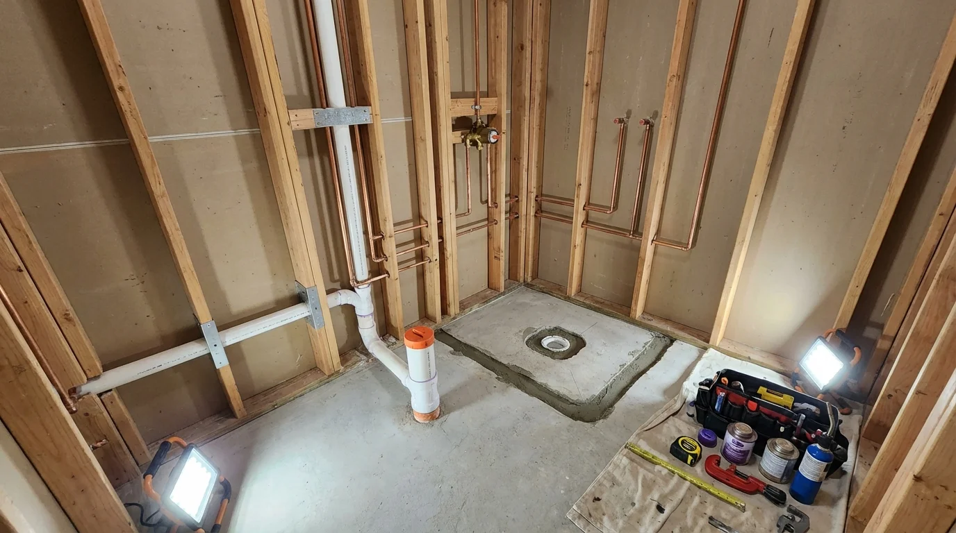 Bathroom rough-in plumbing during remodel by Johns Plumbing LLC in West Springfield