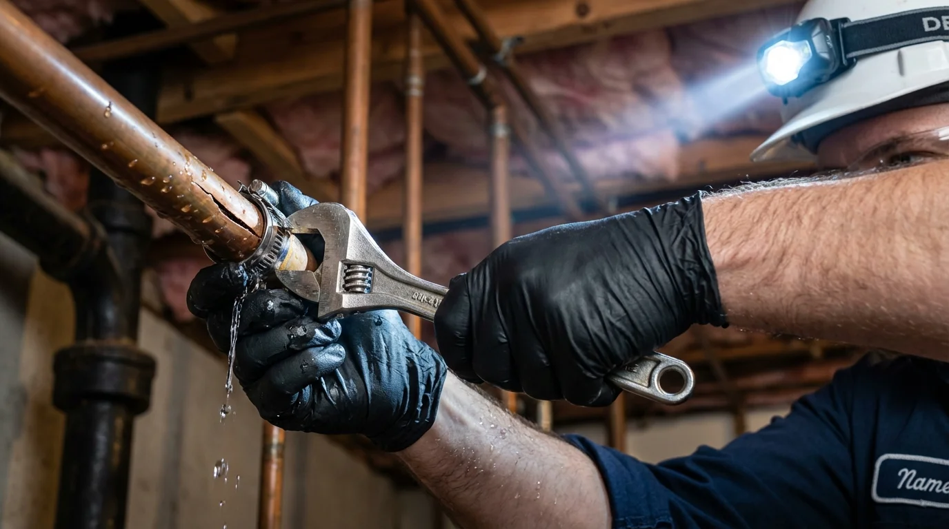 Emergency pipe clamp repair being performed by a Johns Plumbing LLC plumber in West Springfield