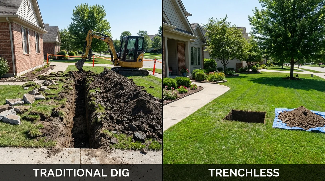 Trenchless sewer repair with minimal yard damage versus traditional excavation in West Springfield, MA