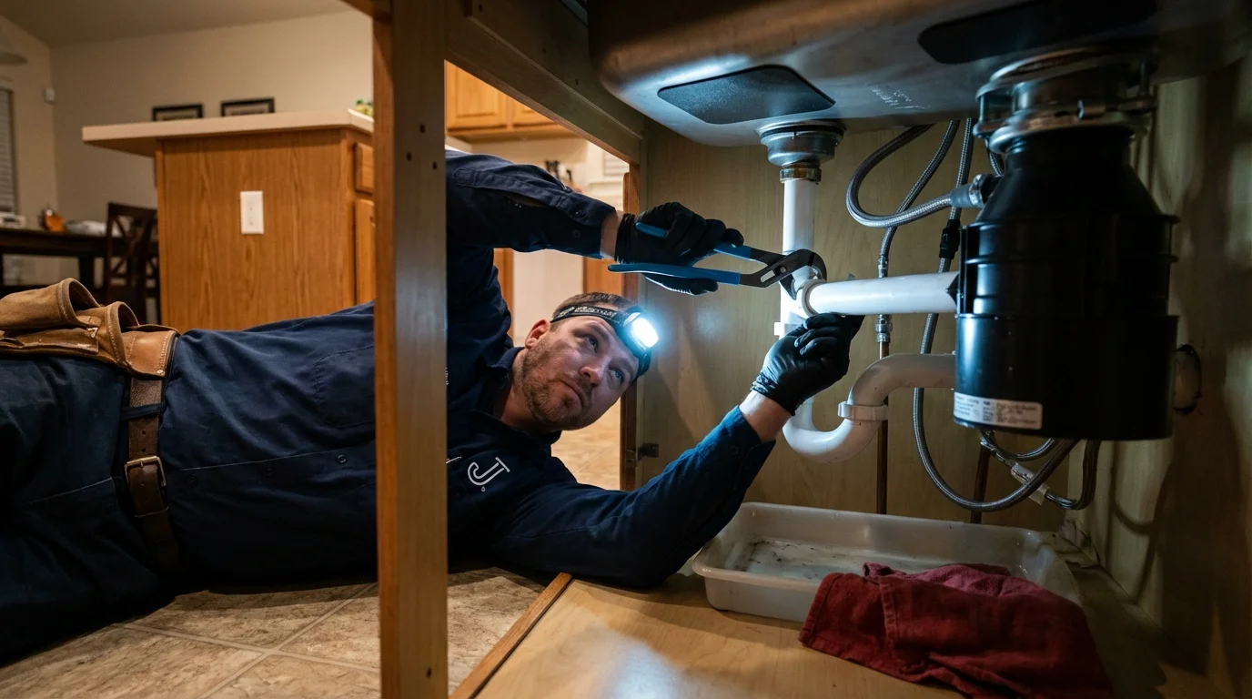 P-trap and supply line connections under a kitchen sink showing a common leak point in West Springfield, MA